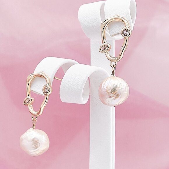 Baroque Ripple Pearl Earrings, 14K Gold Filled Abstract CZ Ear Wires - Picture 1 of 9